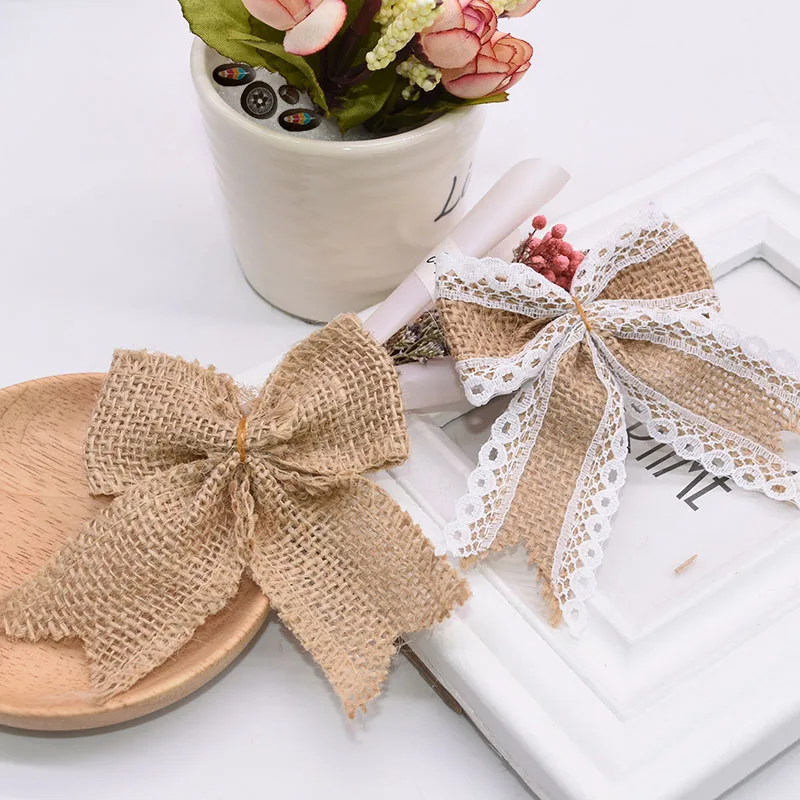5pcs Decor Bows Jute Burlap Hessian Lace Christmas Bows for Vintage Wedding Birthday Party DIY Gift Boxes Christmas Wreath Decor