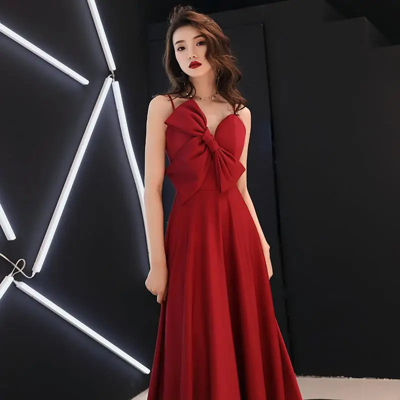 Женское элегантное сатиновое вечернее платье, черное, на одно плечо, Cheongsam, благородный бант, Qipao, сексуальное, v-образный вырез, Vestidos De Festa - Цвет: burgundy short