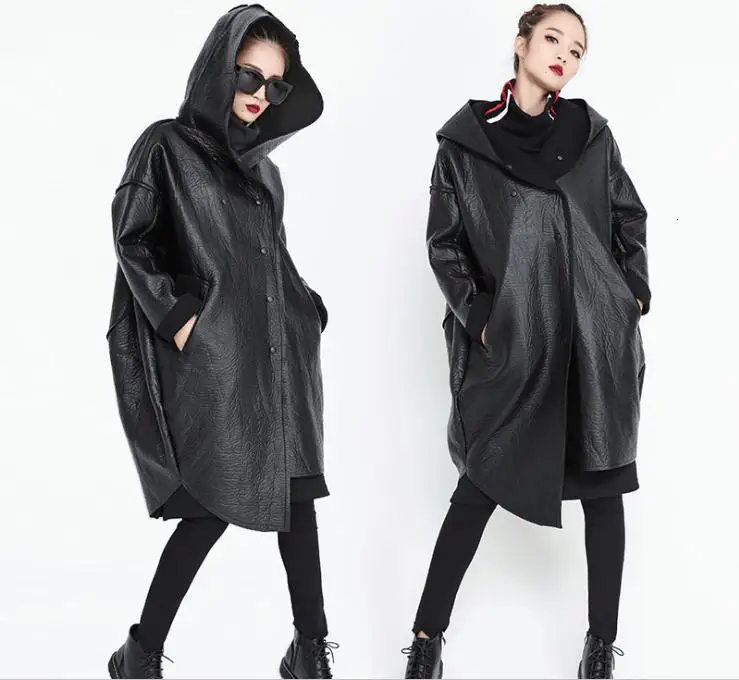 QING MO, модное Брендовое черное однотонное пальто из искусственной кожи с карманом, женское утепленное пальто с капюшоном, индивидуальное ветрозащитное пальто, модное ZQY1684