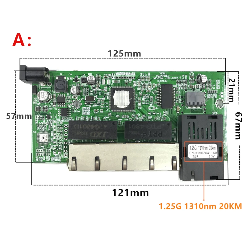 Обратное POE питание 10/100/1000 м гигабитный Ethernet коммутатор волоконно-оптический одиночный режим 4 RJ45 и 2 SC волоконный материнский плата 1.25g 20 км