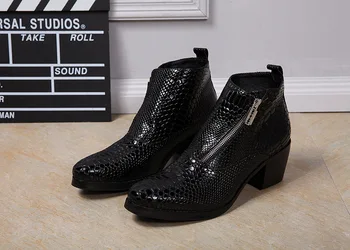 

High Heel Zipper Short Boots Increased Shoes Botas Militares Men's Cow Leather Pointed Toe Ankle Genuine Leather Zip Rubber Rome