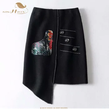 

SISHION Korean Sexy Knitted Winter Skirt VD1177 High Waist Irregular Button Black Pencil Skirt