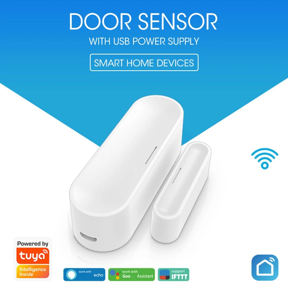 Sensor de ventana de puerta con WiFi, Detector de alarma abierto/cerrado, interruptor magnético de potencia USB, alarma de seguridad para Tuya,Alexa,Google Home