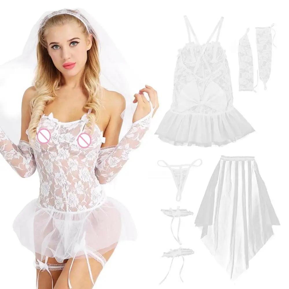 Женское нижнее белье Babydoll для невесты, кружевное платье для подружки невесты, перчатки и головной убор, набор, девичий Ночной костюм, свадебное белое ночное белье - Цвет: Белый
