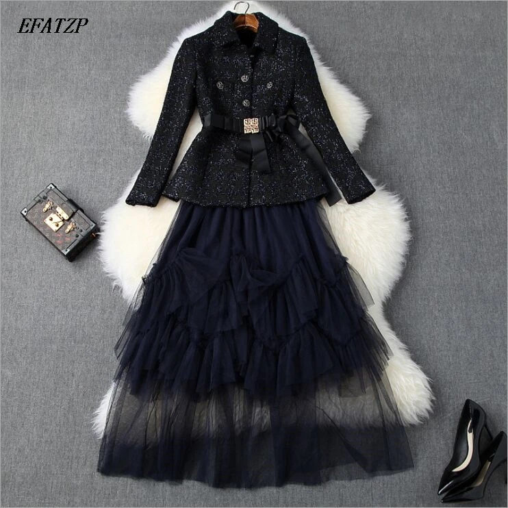 

EFATZP High Quality Fall Winter Runway Skirt 2piece Set Women Fashion Long Sleeve Tweed Jacket Coat+Long Tulle Skirt Suit Set