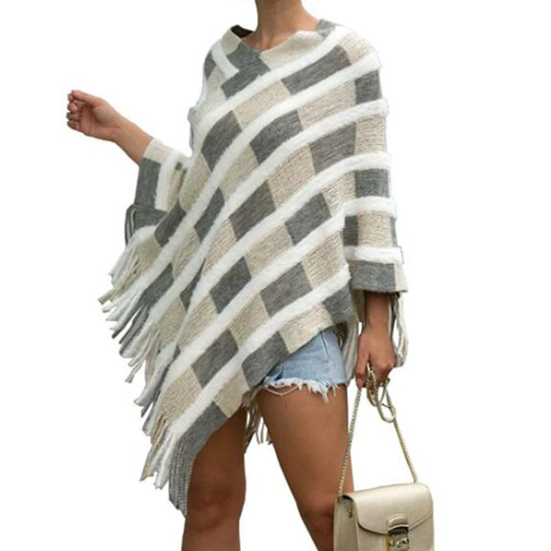 

Women's Wool Plaid coat V-Neck Cape Sleeve Knit Poncho Sweater Shawl fringed cloak jersey sweater Casual Pullover s230