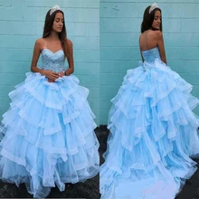 Великолепные небесно-голубые Бальные платья бальные платья Милая расшитая бисером Стразы Корсетная ярусная юбка Милая 16 вечерние платья для выпускного вечера