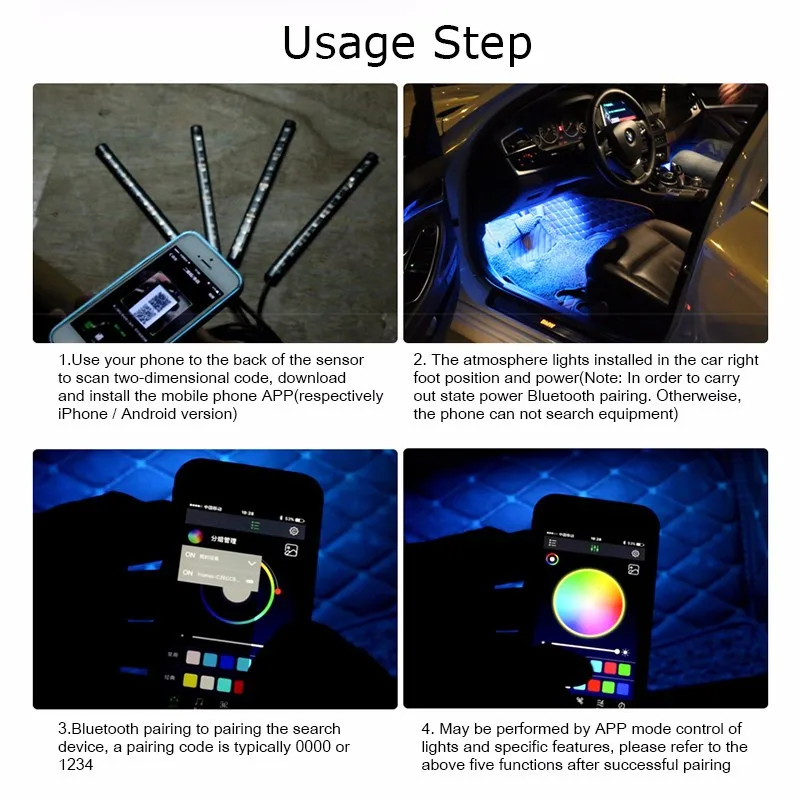 4x LED Car Underglow Flexible Strip APP/Remote Control RGB Decorative Atmosphere Lamp Under Tube Underbody System Neon Light Kit