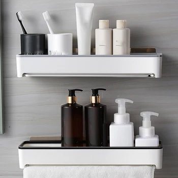 

Bathroom Shelf Wall Mounted Shampoo Shower Shelves Holder Kitchen Storage Rack Organizer Towel Bar Bath Accessories Gray
