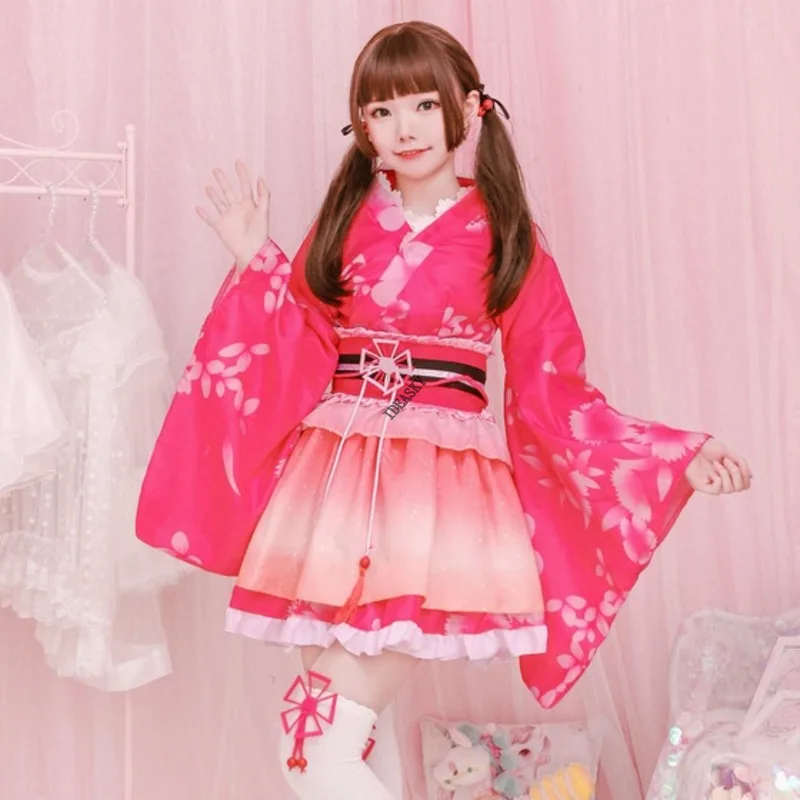 Kimono Japanese Style Kawaii Girls Floral Yukata Haori Love Live Lolita Dress for Women Party Yukata Dance Anime Cosplay Costume