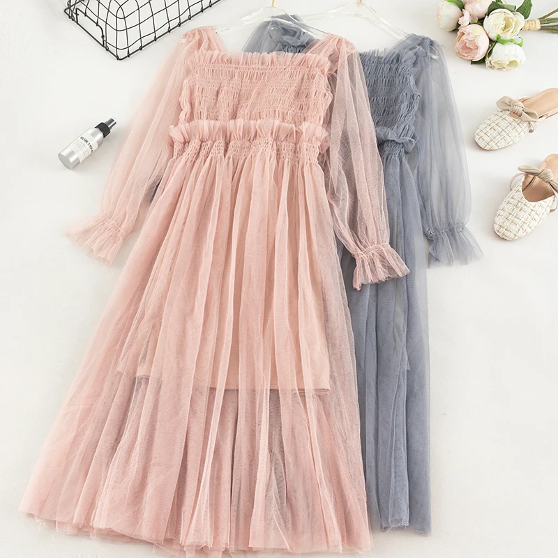 

Women Square Collar Flare Sleeve Pleated Ruffles Dress New Vintage A-line Elastic Slim High Waist Mesh Gauze Pullover Midi Dress