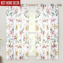 

BILEEHOME Floral Short Curtains For Kitchen Voile Curtain For Living Room Modern Bedroom Sheer Curtains Screening Window Drapes