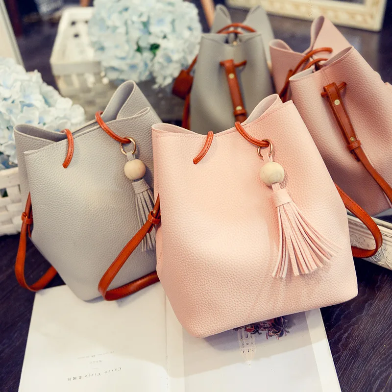 

WOMEN'S Bag New Style Wooden Bead Bucket Different Size Bags Two-Piece Set-Style Tassels Handbag Shoulder Oblique Bag