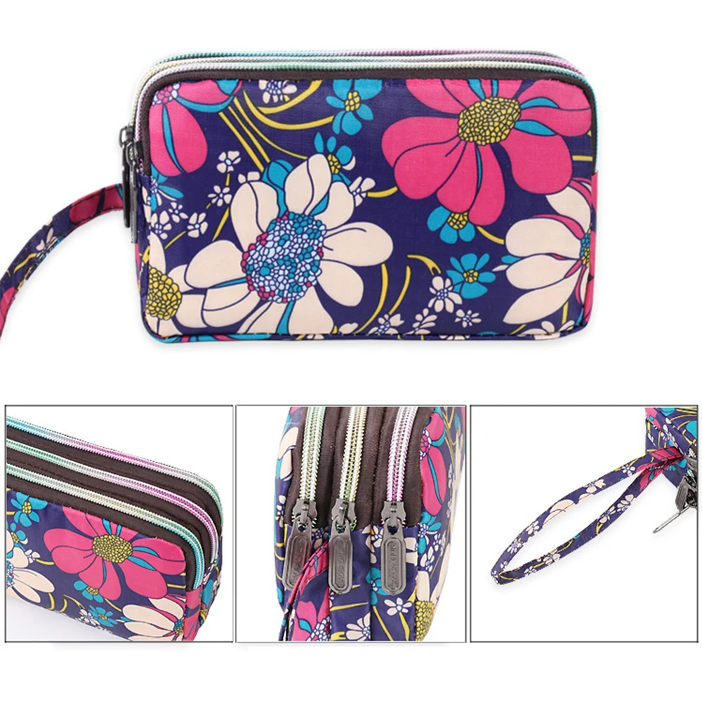 Geestock Women  3 Zippers Wallets Canvas Female Handbags Floral Handbag Organizer Clutch  Pouch Money Coin Rfid Key Wallet