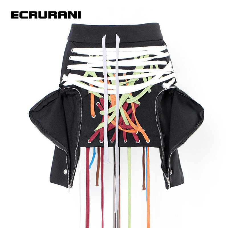 ECRURANI Patchwork Colorful Casual Skirt For Women High Waist Slimming Zipper Hit Color Mid Skirts Female 2022 Fashion New Style reflective parkas women 2022 winter quilted cotton coat turtleneck night running fluffy soft zipper short crop top streetwear