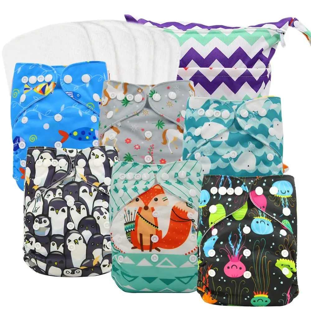 

Reusable Washable Baby Cloth Pocket Diapers Animals Print Baby Nappies Baby Cloth Diaper Size Adjusted with Wet Bag