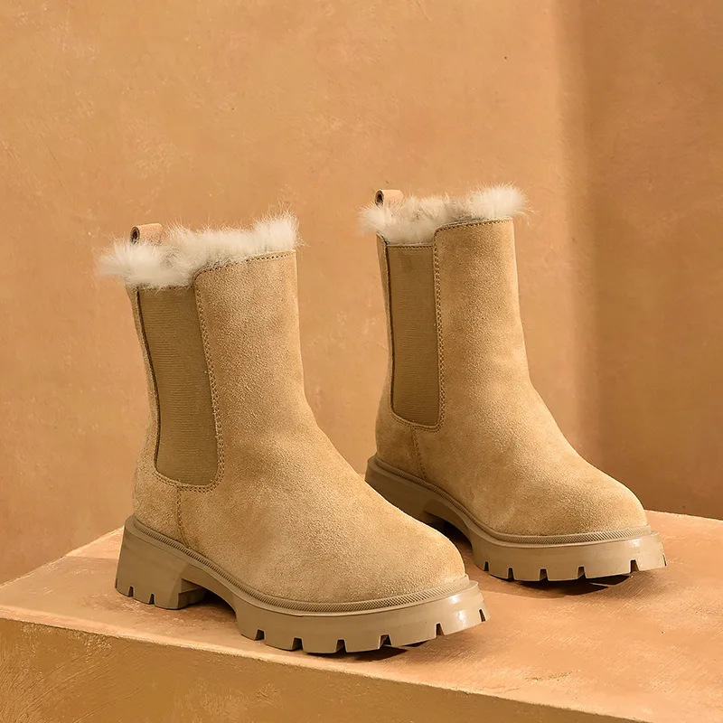 Women Snow Boots BeauToday Chelsea Boots Women Suede Leather Snow Boots Warm Fur Round Toe Ladies Platform Shoes Handmade 08206