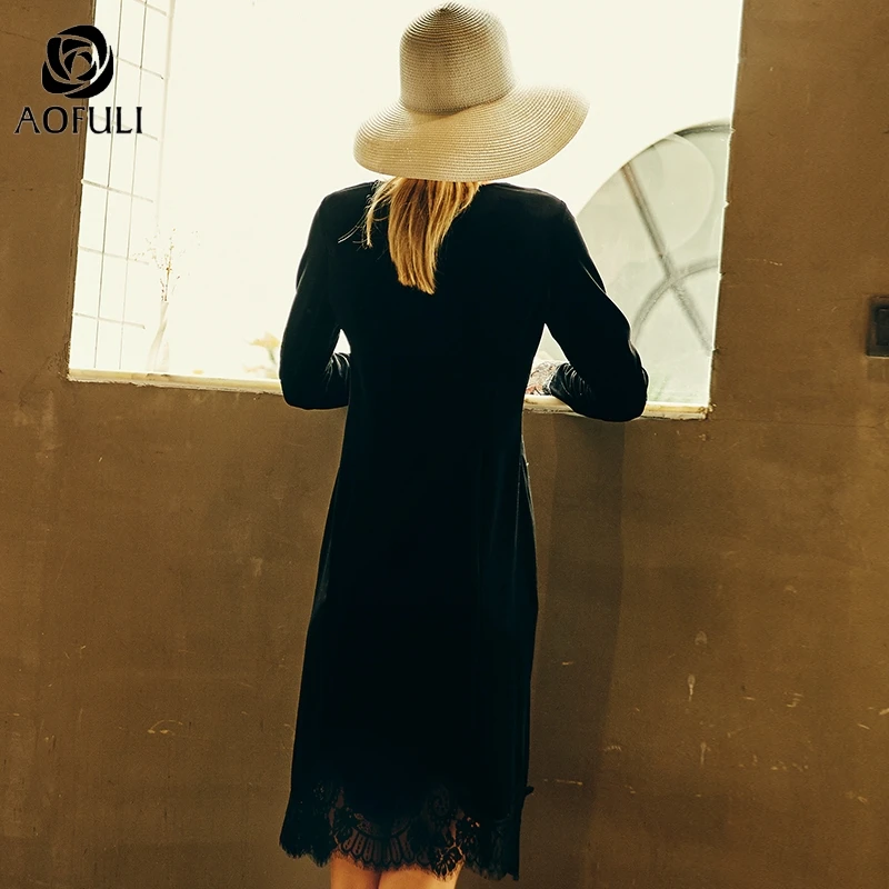 L~ 4XL 5XL сексуальное черное кружевное сшитое бархатное платье размера плюс женское велюровое тонкое платье с длинным рукавом Одежда для вечеринок AOFULI A4083