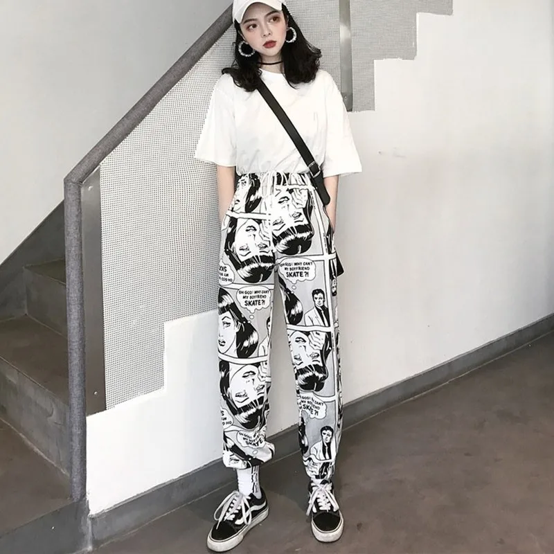 Women Pants Loose Sports Casual Beam Foot Harem Pants Comics Printed Joggers Pants Mens Hip Hop Casual Trousers