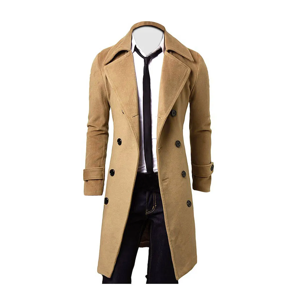 Womail Fashion Для мужчин Тонкий стильный Тренч Смешанный хлопок двубортное пальто с длинным рукавом Повседневная куртка-парка - Цвет: Khaki