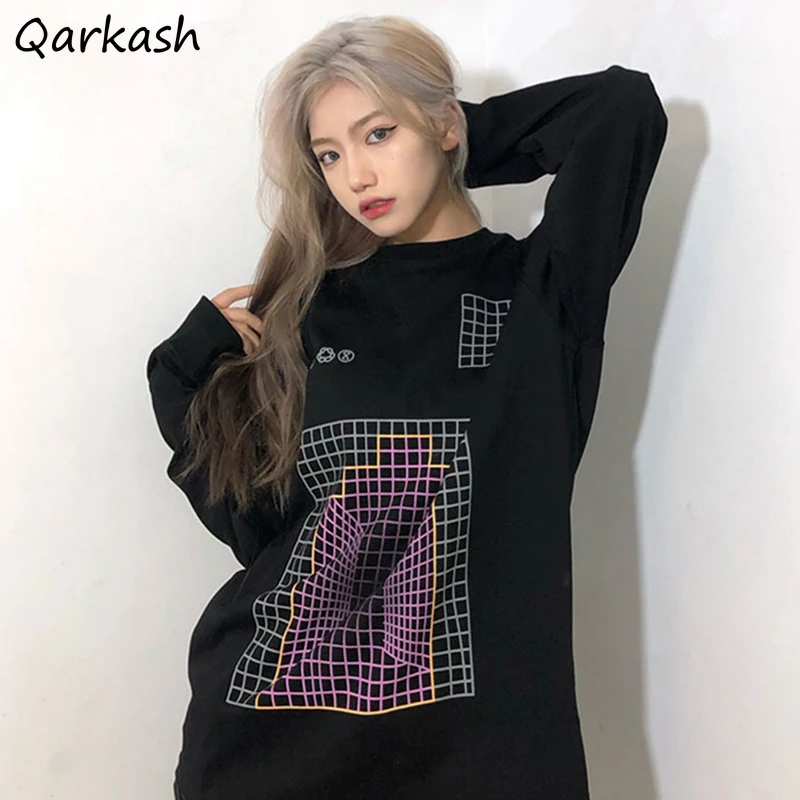 No Hat Hoodies Women Vintage Streetwear O-neck Long Sleeve Tops Hip Hop Design Plaid-pattern Printing Oversize Sweatshirts Teens | Женская
