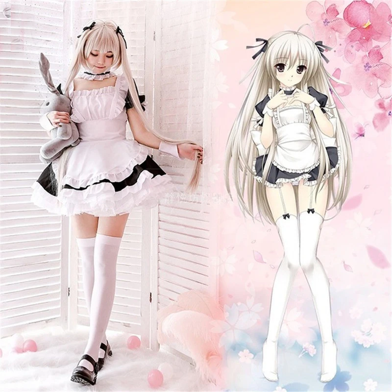 

Girls Sweet Gothic Lolita Dress Sexy French Maid Waitress Uniform Halloween Cosplay Anime Kasugano Sora Dress Party Clothes