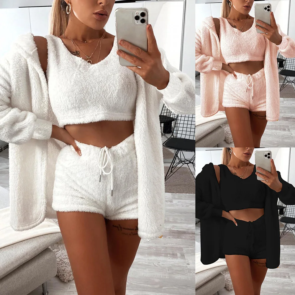 

Women 3 Pieces Set Sexy Crop Tank Top+Shorts+Cardigans Suit Fashion Cozy Fuzzy Female Winter Spring Warm Suits Black White