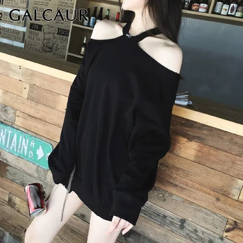 

GALCAUR Black Off Shoulder Sweatshirts For Female Hanging Neck Lantern Long Sleeve Women's Sweatshirt Clothing Fashion 2020 Tide