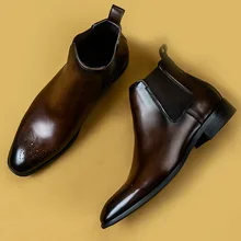 Men Chelsea Boots Fashion Handmade Genuine Cow Leather Black Coffee Color Dress Wedding Pointed Toe Ankle Mens Shoes