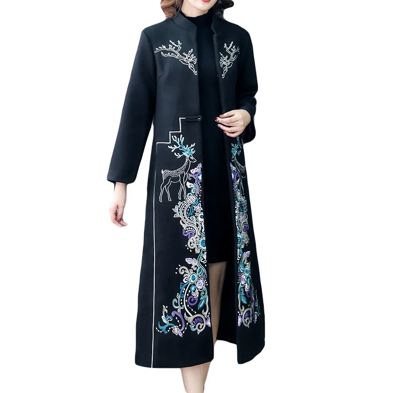 chinese style Retro wool embroidered coat women's slim long Windbreaker autumn and winter Embroidery overcoat - Color: Black