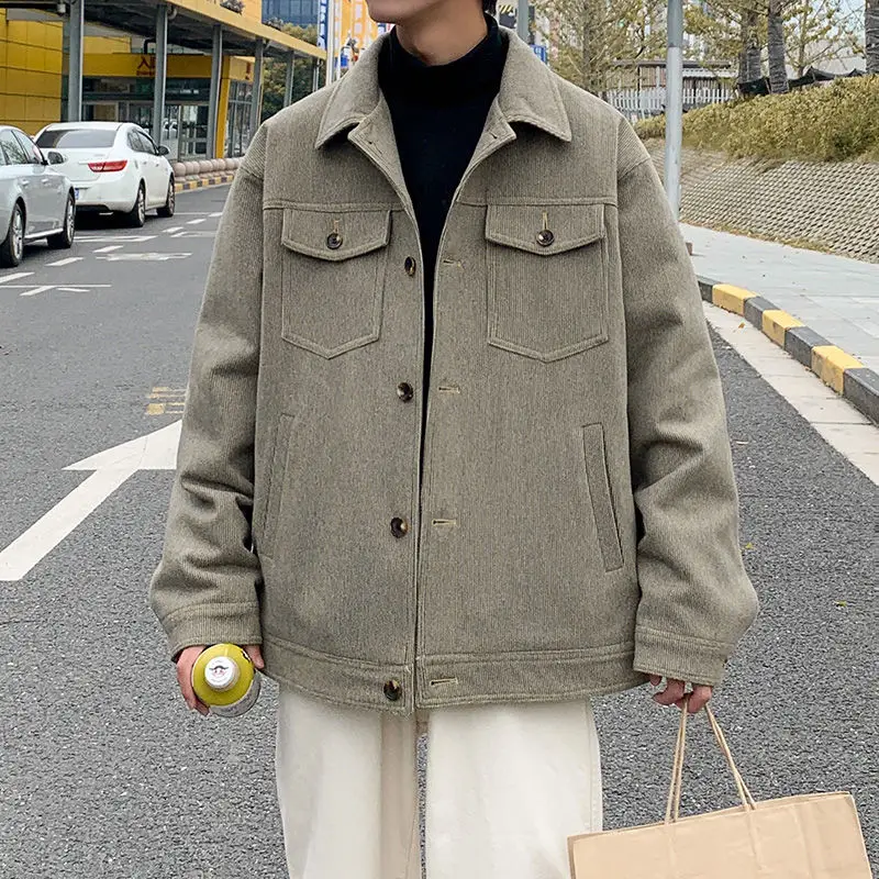 

Winter 2020 New Men's Solid Color Pinstripe Woolen Coat Loose Fashion Youth Casual Atmosphere Simple Coat Size M-2XL