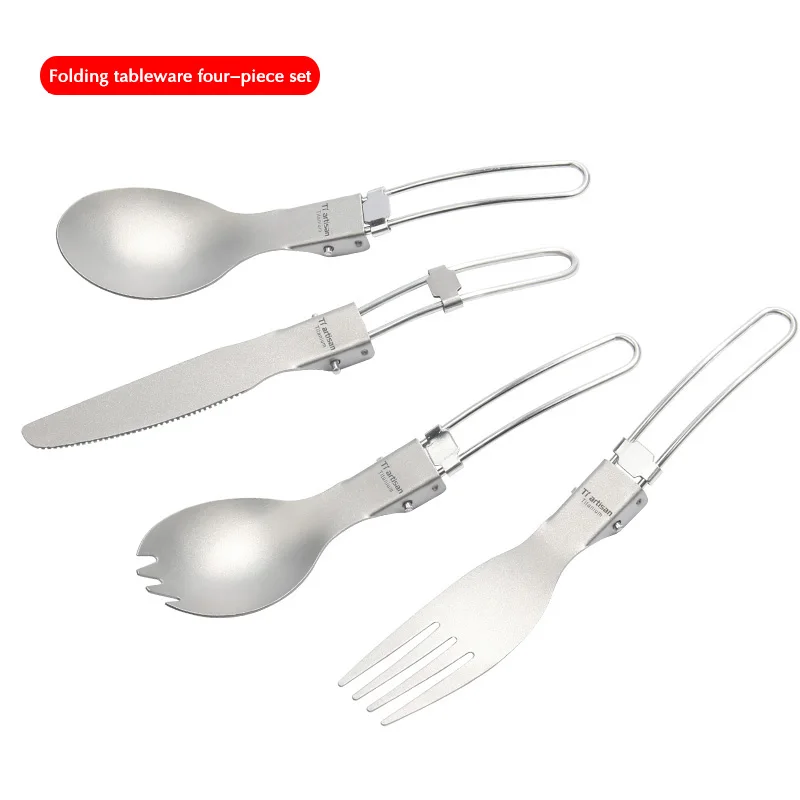 Tiartisan Titanium Folded handle knife Camping Cutlery Portable Picnic Tableware Traveling knife spoon fork set