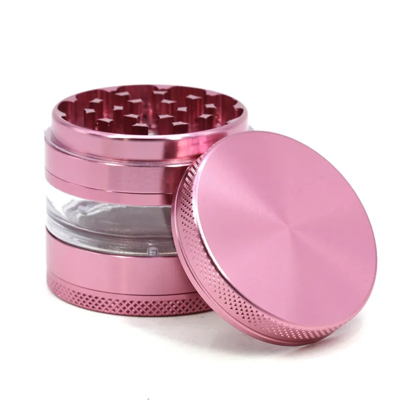 

Pink Hot Sale Big 63MM Aluminum Alloy New Four-layer Transparent Smoke Grinder Weed Accessories