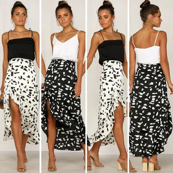 

Summer Skirt women High Waist Polka Dot Skirts Irregular Sexy Long Female Beach Boho Ruffles Streetwear Women's Skirts