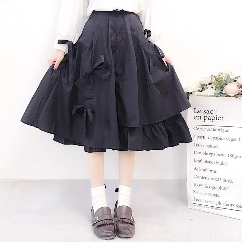 

2022 Spring Japanese Irregular Skirts Women Elastic High Waist Bow Ruffles A Line Skirt Female Large Hem Midi Long Skirt Saia
