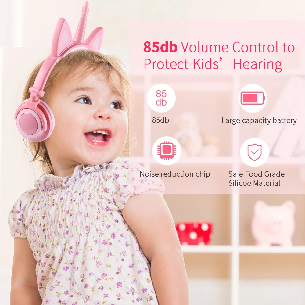 Eson Style Foldable Unicorn Wired Kids Girl Cat Ear LED Glowing Gaming Headset Headphones Noise Cancelling Jack 3 5mm Mic