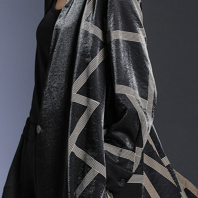 [EAM] Women Pattern Printed Big SizeTrench New Stand Collar Long Sleeve Loose Fit Windbreaker Fashion Autumn Winter 1H689