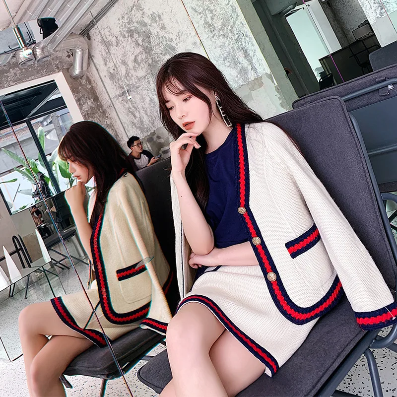 

Weaving Tweed Coat 2019 Age-reduced Hip Skirt Socialite Double-sided Tweed Suit V-Neck Single Breasted Two Piece Set and Pants