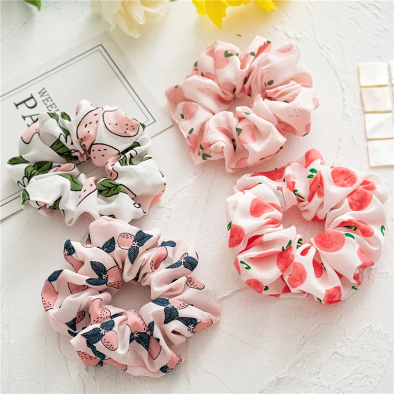 Rubber hair band, summer fruit print, lemon, grapefruit, pear, peach, hair accessories for girls and women.