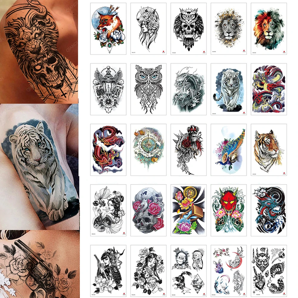 100 Piece Wholesales Waterproof Temporary Tattoo Sticker Tiger Skull Dragon Snake Flower Body Arm Mandala Cool Sleeve Man Women Temporary Tattoos Aliexpress