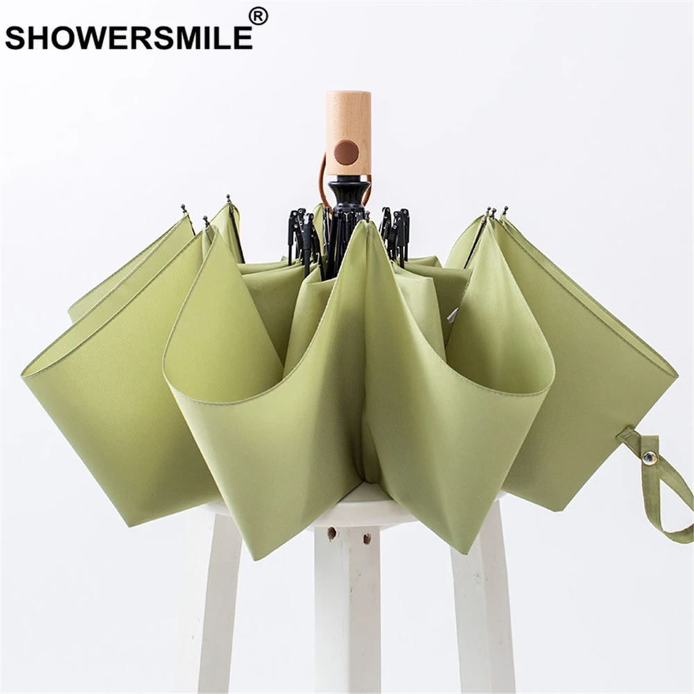 

SHOWERSMILE Wooden Handle Umbrella Rain Women Green Fresh Windproof Waterproof Brolly Brand Three Floding Ladies Bumbershoot