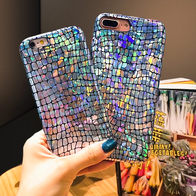 

KSTUCNE Laser Rainbow Gradient Phone Case For IPhone7 8Plus Colorful Crocodile Print Leather Back Cover Case for Iphone6 X 6Plus