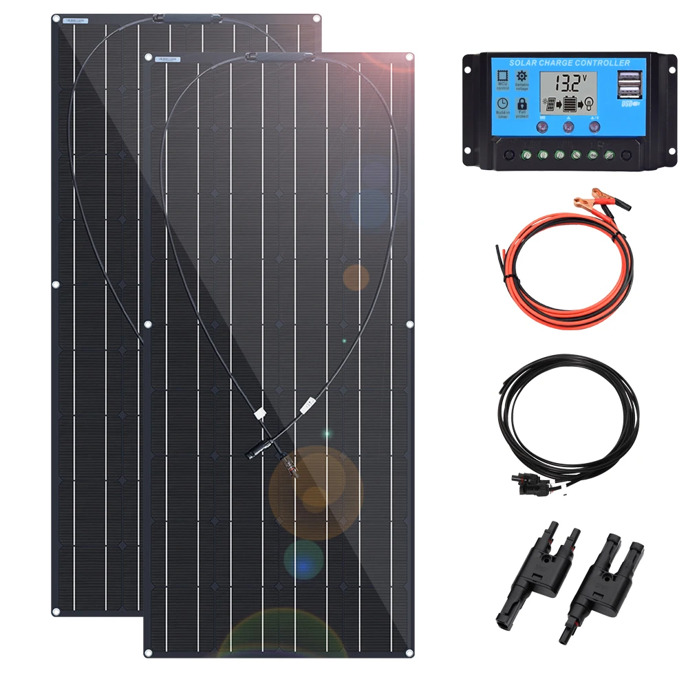 

200W solar panel 12V kits flexible waterproof panel with 20A Controller battery charge for home or outdoor RV boating camping