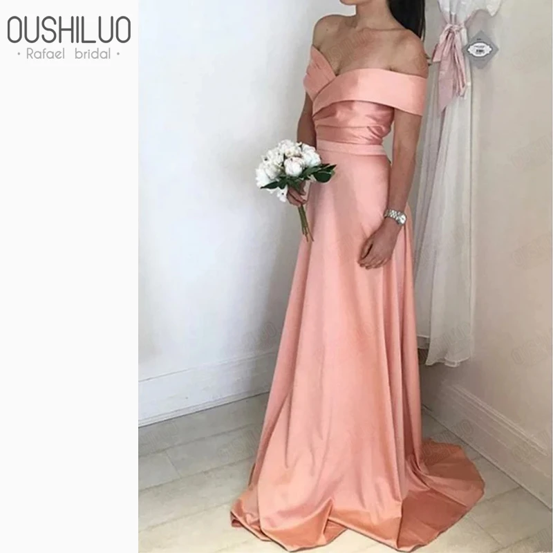 

New Arrival Peach Satin Off Shoulder Evening Dress Simple Sleeveless Sweep Train A Line Wedding Party Guest Dresses Custom Made