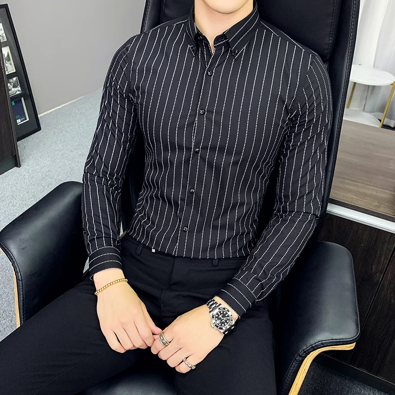 New Men's Luxury Shirts Long Sleeve Slim Fit Striped Dress Shirt Men White Wedding Shirt Camisa Masculina