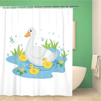 

Bathroom Shower Curtain Cute Mother Duck Ducklings Swimming in The Pond Baby Polyester Fabric 66x72 inches Waterproof Bath