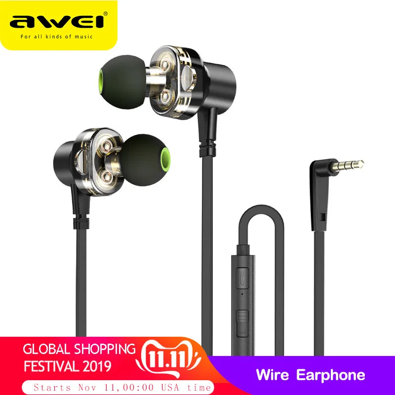 Günstige AWEI Z1 Verdrahtete Kopfhörer Dual Fahrer Headset Sport Bass Sound Kopfhörer Mit Mic Für Xiaomi Huawei Oneplus MP3 3,5mm jack Earbuds