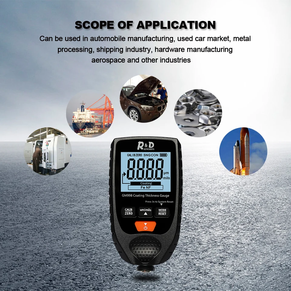 R&D GM998 car paint coating thickness gauge car paint electroplate metal coating thickness tester meter 0-1500um Fe & NFe probe