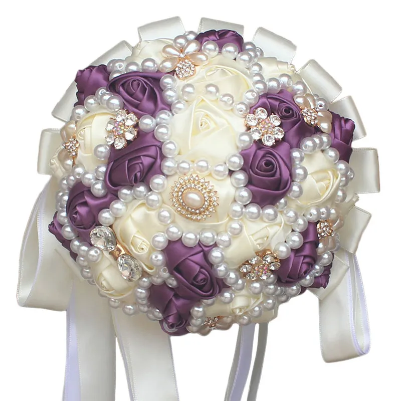 Шелк Холдинг Цветы Жемчуг Искусственные Свадебные букеты невесты цветок Свадебный букет цветов Стразы Buque De Noiva W226C - Цвет: purple ivroy