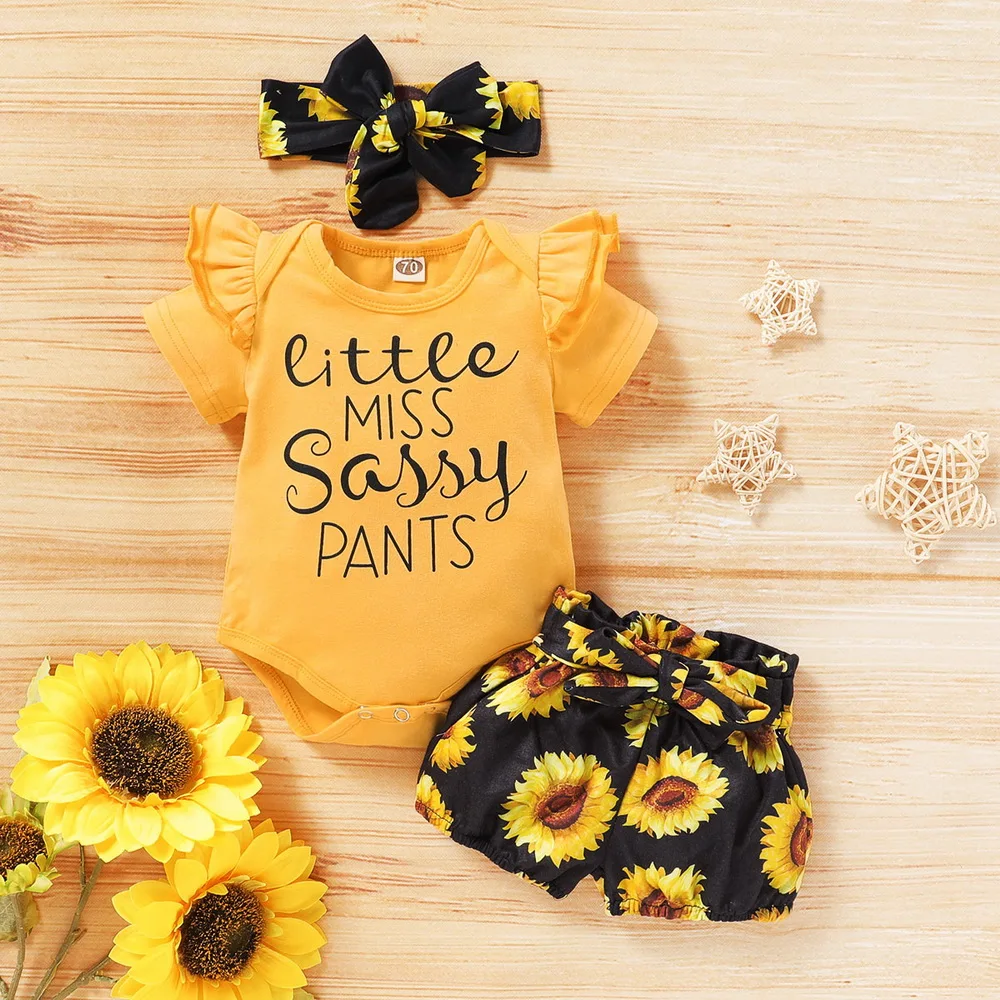 

Infant Kid Baby Girl Clothes Set RomperTop Sunflower Short Sunflower Headband 3PCS Summer Short Sleeve Outfit Clothing 0-18M D30